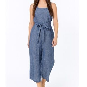 St.Tropez West 100% linen jumpsuit Women’s Blue Crop Wide Leg cross strap back